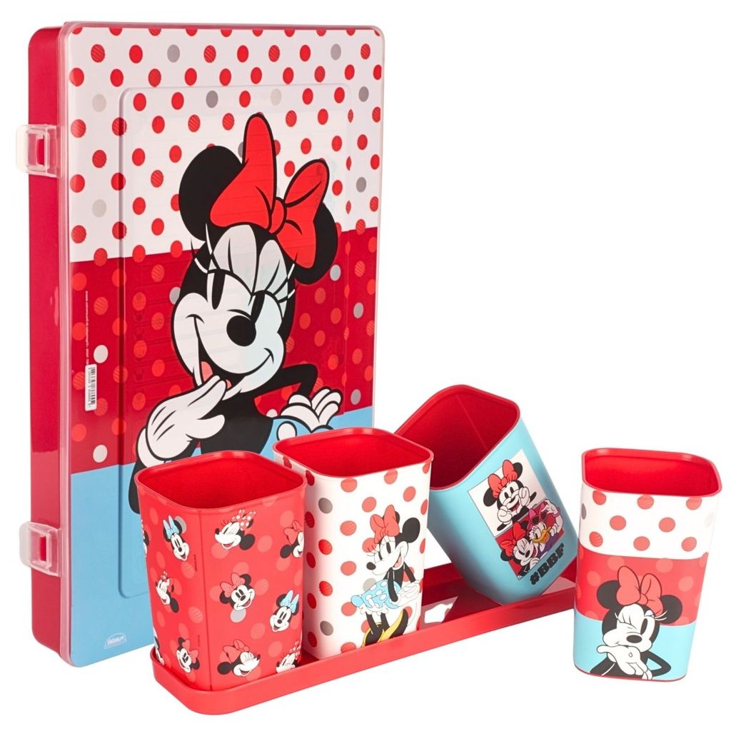 Kit Organizador Minnie Com 01 Pasta E 04 Porta Lápis e Caneta Com Base Vermelho Multiuso Escritório Escola Plasútil