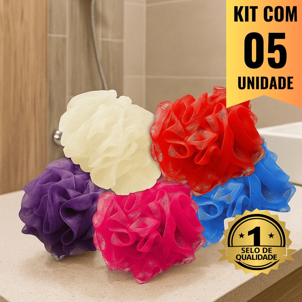 Conjunto com 05 Esponjas de Banho Esfoliante Cores Variadas de de Nylon Econômica, Esfoliante