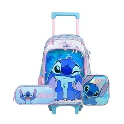 Kit Mochila de Rodinha, Lancheira Térmica e Estojo Escolar Feminino Stitch Azul