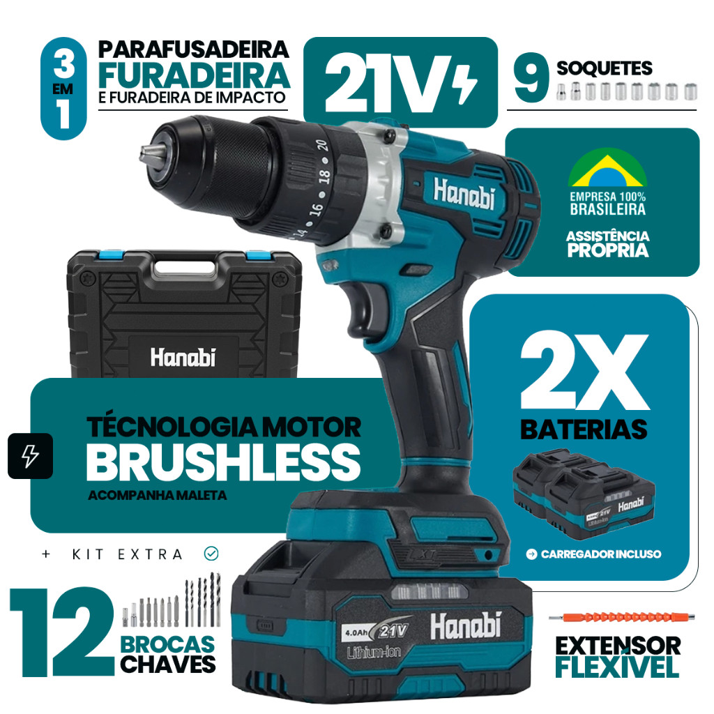 Parafusadeira Furadeira de Impacto Brushless 80NM Hanabi sem Fio com 2 Baterias 21VProfissional em Oferta na Shopee