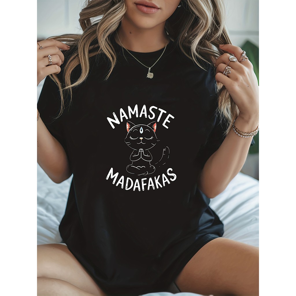 BR.Moonlight Camiseta "Namaste Madafakas" Sânscrito Yoga Om Gráfico Preto Branco Divertida Confortável Descontraída