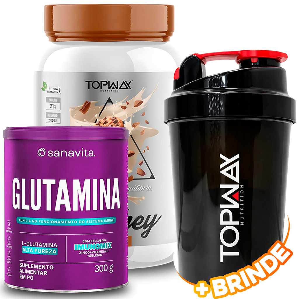 TopWay Suplemento Alimentar Whey Protein 100% 900g + Sanavita Glutamina em Pó 300g Alta Pureza