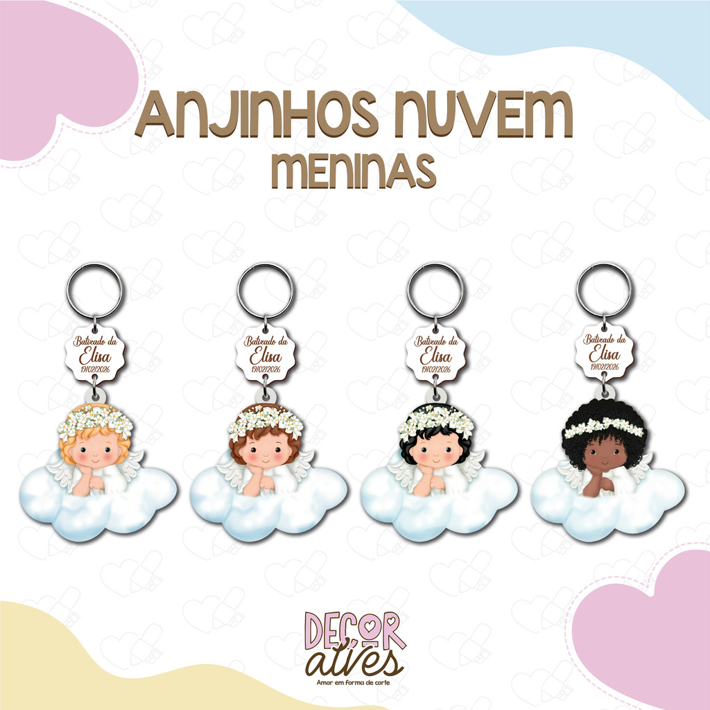 Detalhes do Anjinhas Batizado BRANCO / MENINAS - Chaveiro Personalizado MDF brilhoso Lembrancinha infantil