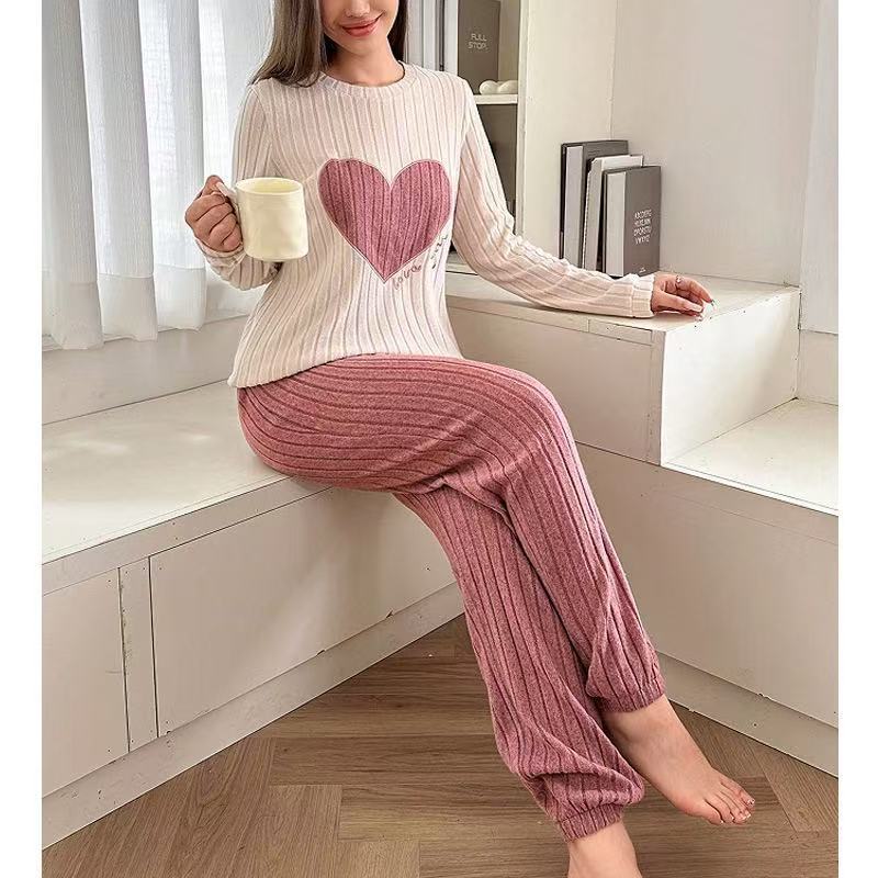 Conjunto de pijama feminino estampado de duas peças com blocos de cor, roupa de casa de manga comprida com calças compri