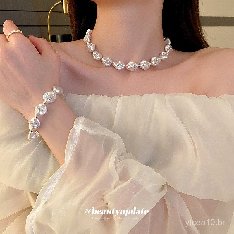 Colar e pulseira de pérolas irregulares em formato de T, estilo coreano de Dongdaemun, elegante e estiloso, acessório fe
