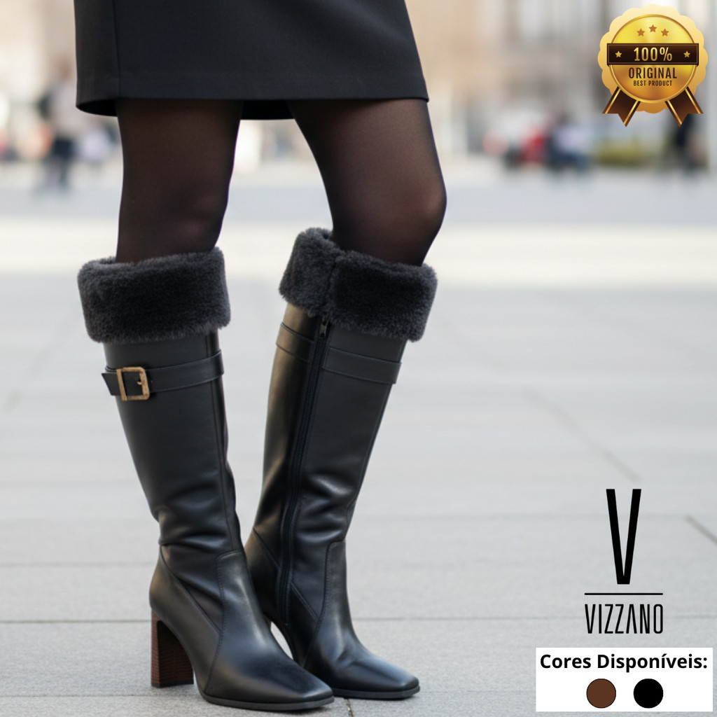 Bota Feminina Vizzano Salto Alto Grosso Cano Longo Moderno Elegante Confortável Original