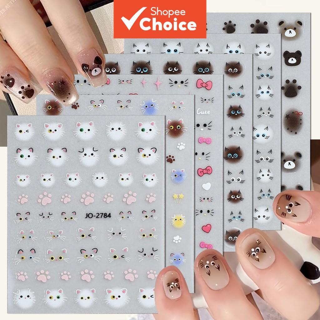 3/6/12 Folhas Adesivos de Unha de Gato Fofo, Estampa de Patinha de Urso Kawaii, Rosto de Animal Fofo, 3D Borda Macia,