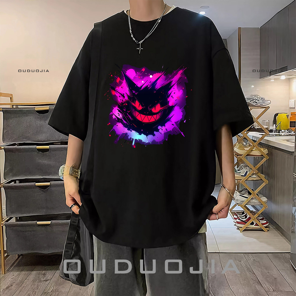 Camiseta Masculina Pokemon Gengar Fantasma Estampada Oversized Algodão Puro Confortável Moderna Estilosa Casual