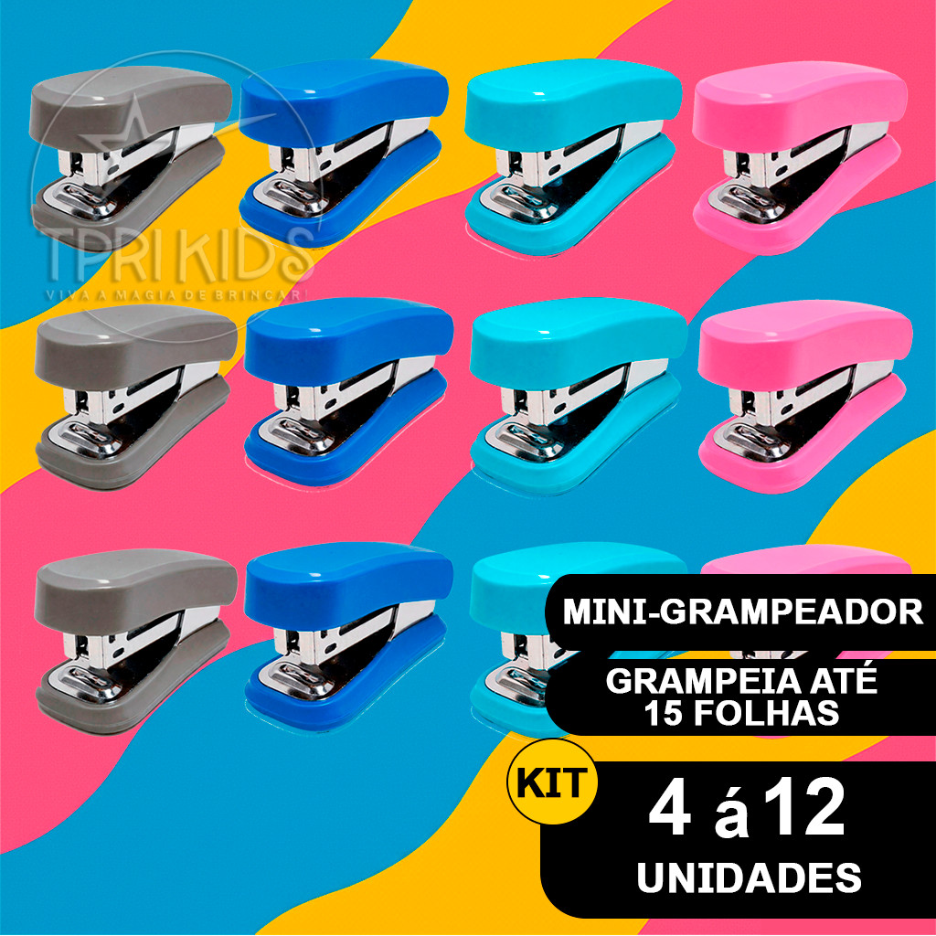 Kit 4 Á 12 Mini Grampeador Até 15 Folhas Escritório Material Escolar Extrator Grampos 24/6 e 26/6