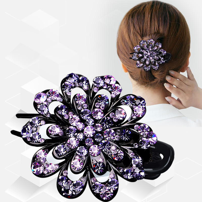 Versão coreana grampo de cabelo de três dentes clipe bico de pato cocar grande strass elegante placa de flor Hairpin vol