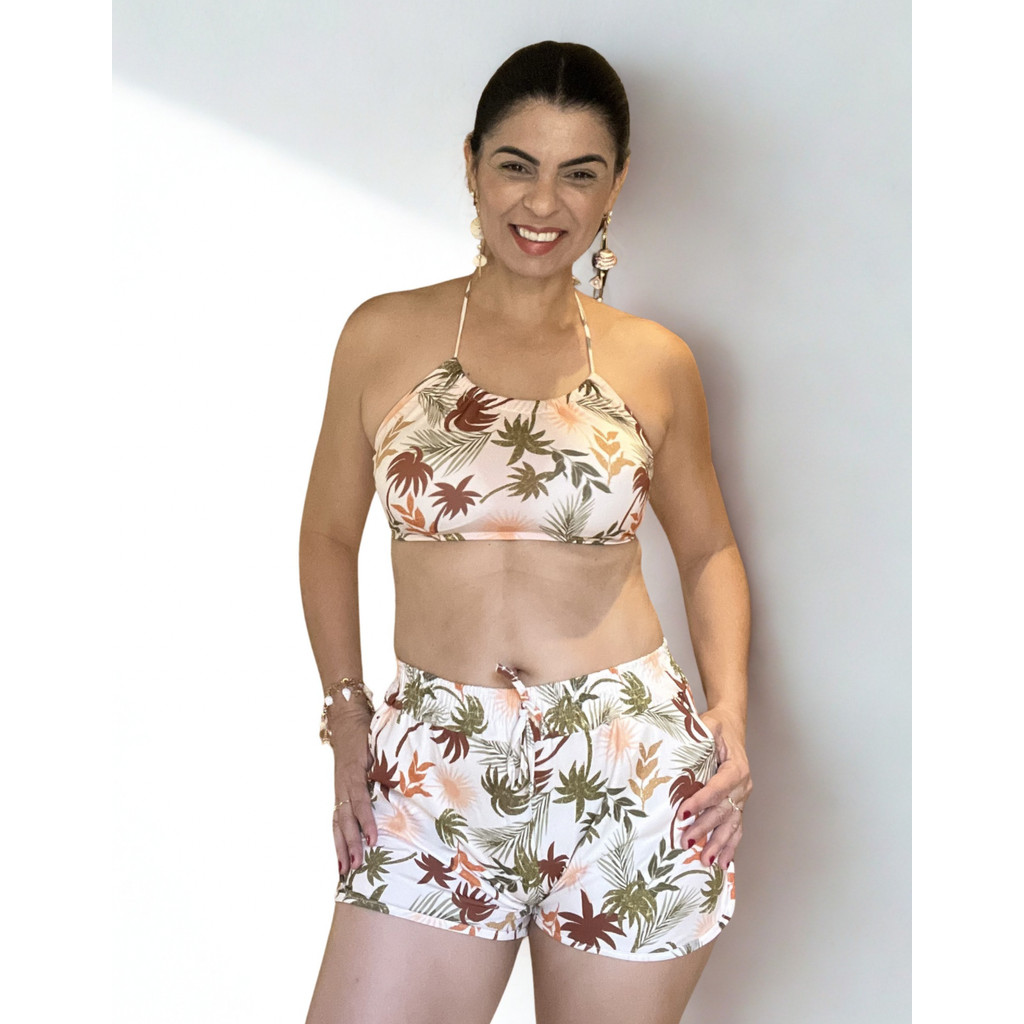 Conjunto Biquíni Cropped com Short piscina praia confortável verão folhas coqueiro marrom
