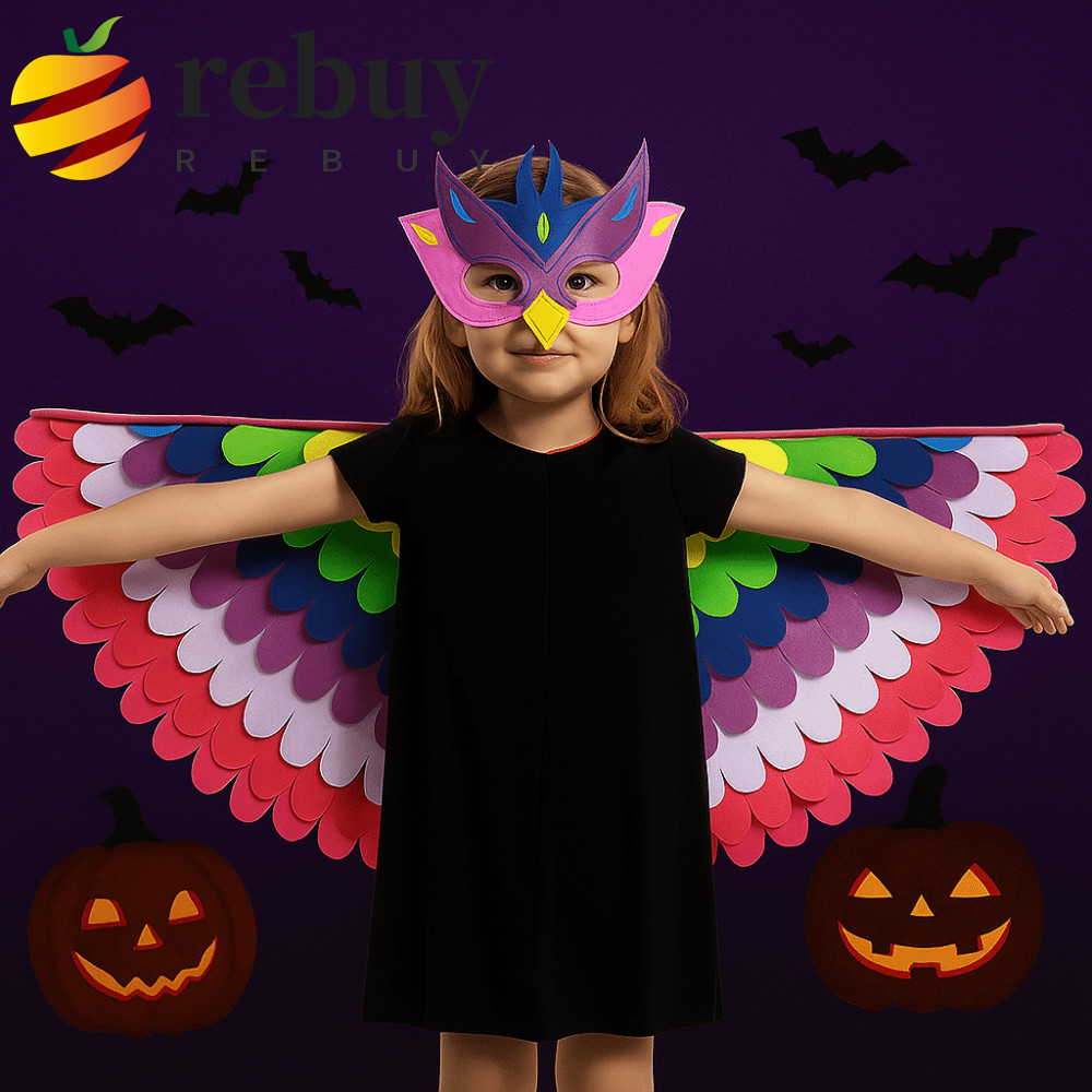 REBUY1 Fantasia Infantil De Halloween , Capa Com Asas De Pássaro De Coruja Máscara , Conjunto De Pano De Feltro Para Cos
