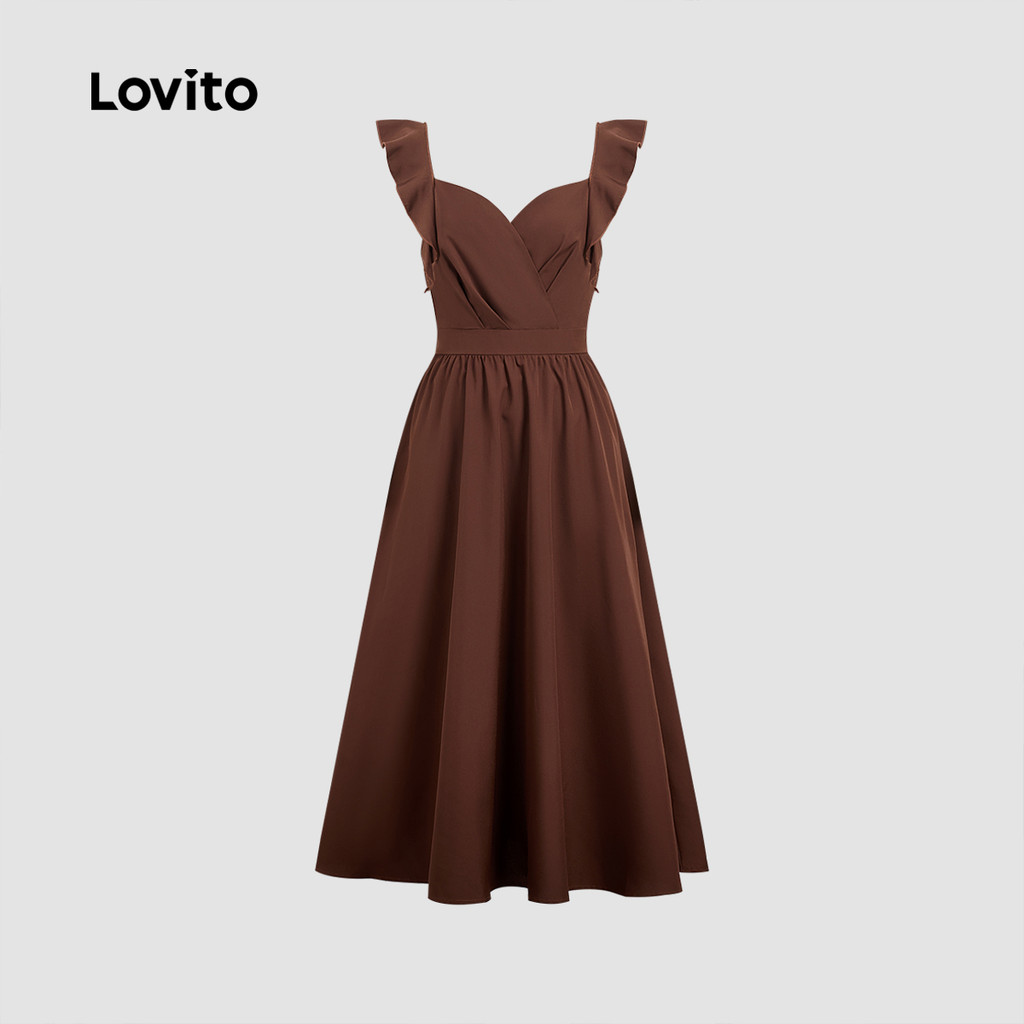 Lovito Vestido Elegante com Babados Estilo Francês Preguiçoso para Mulheres Marrom primavera/verão LBL35180 · foto 2