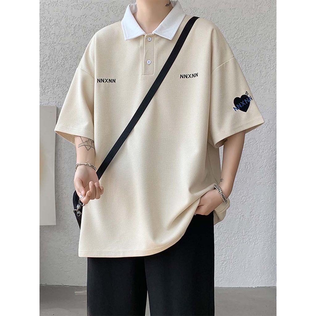 Camisa POLO Waffle americana masculina de manga curta roupa de rua roupas masculinas verão lapela camiseta solta tamanho