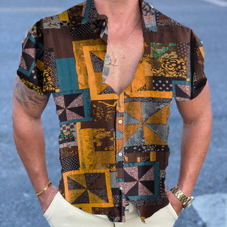 Camisa Masculina Estampada Lapela Retro Manga Curta Top Masculino