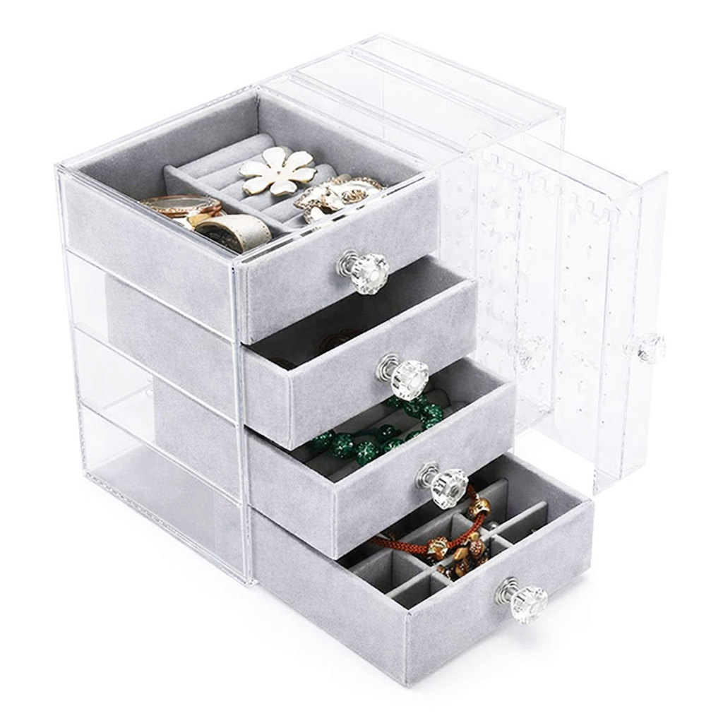 Porta Joia Acrilico Expositor Bijuteria 4 Gaveta Organizador Anel Brinco Pulseira Colar Suporte Cristal Presente Decora