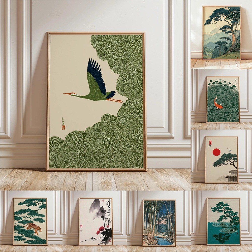 Arte Da Árvore Japonesa Pintura Em Tela Retro Floresta Nascer Do Sol Guindaste Voador Fotos De Parede Cartazes Decoração
