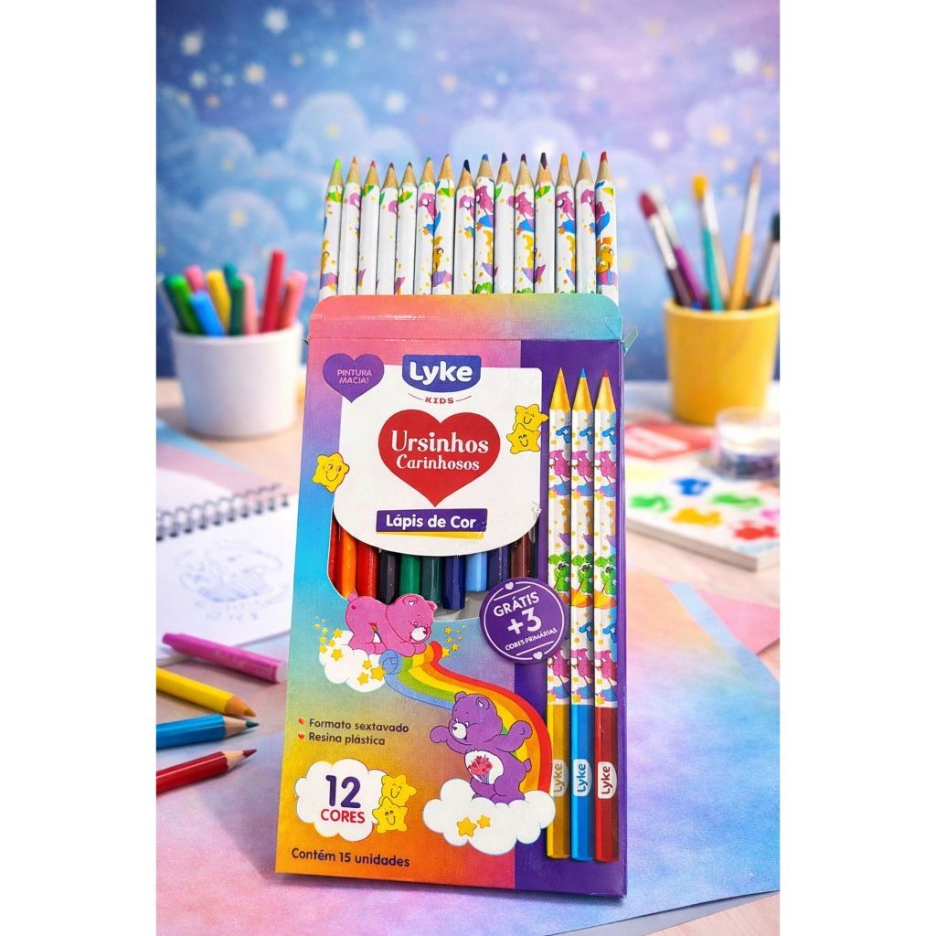 Lápis de Cor Ursinhos Carinhosos Lyke Kids 12 Cores + 3 Grátis Infantil Escolar