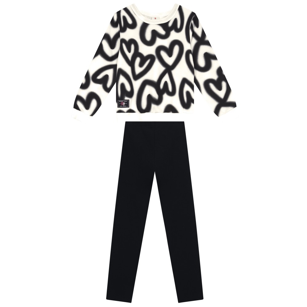 Conjunto Infantil Menina Brandili Inverno com Calça Legging Preta e Moletom Flanelado Corações