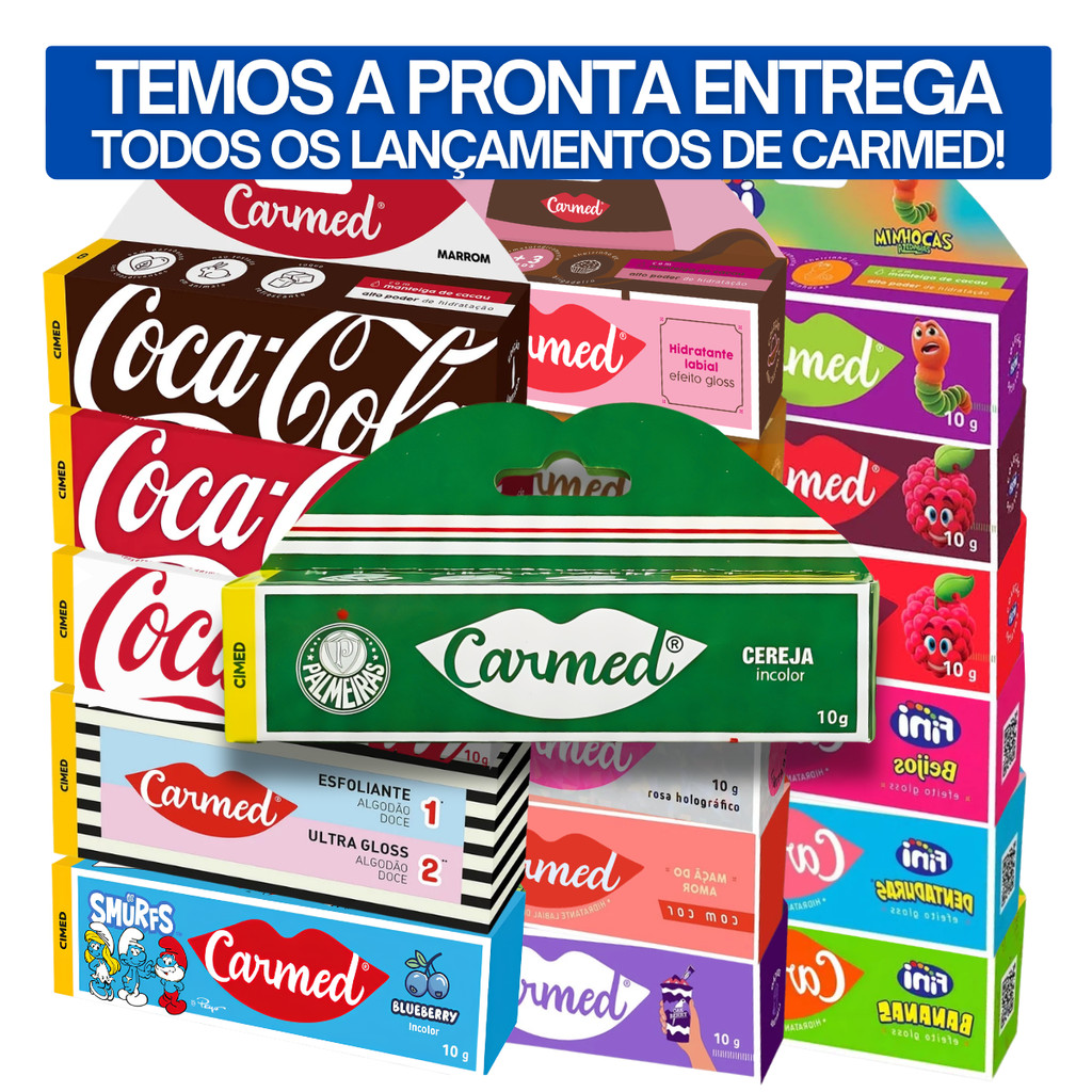 Hidratante Labial Carmed Todos Lançamentos - Palmeiras, Máscara Labial Chocolate, Sprite, Sorvetinho, Coca-Cola, Smurfs