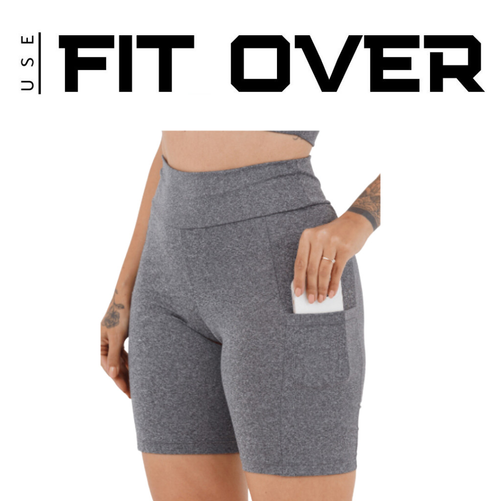short fitness feminino com bolso - bermuda - meia coxa - cós alto - fitness - suplex - academia - cross fit - fit over