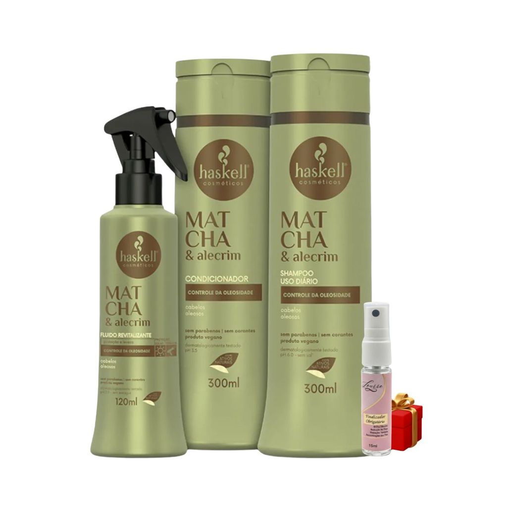 Kit Haskell Matcha Shampoo Condic. Fluido 300 ml 3 Itens Completo + Presente Lourre 15ml