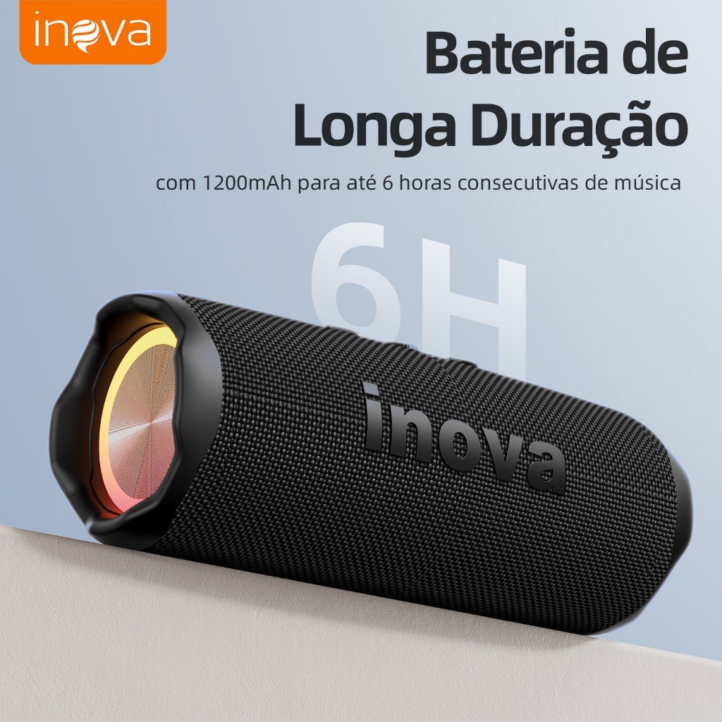 INOVA Caixa de Som Bluetooth Portátil IPX67 com LED, Som Potente 16W, Bateria 2400mAh