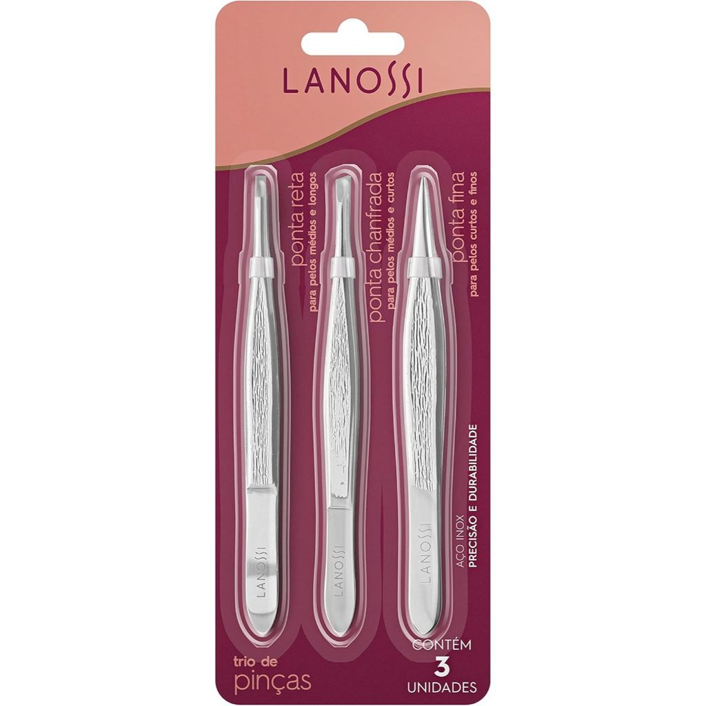 Kit com 3 Pinças Lanossi Silver Reta Chanfrada e Fina em Aço Inox para Sobrancelhas com Precisão