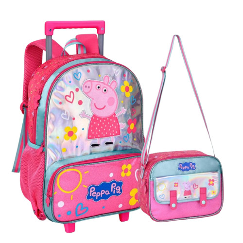 Kit Mochila de Rodinha Peppa Pig + Lancheira térmica Infantil Acabamento Holográfico e Alças Ajustáveis Clio