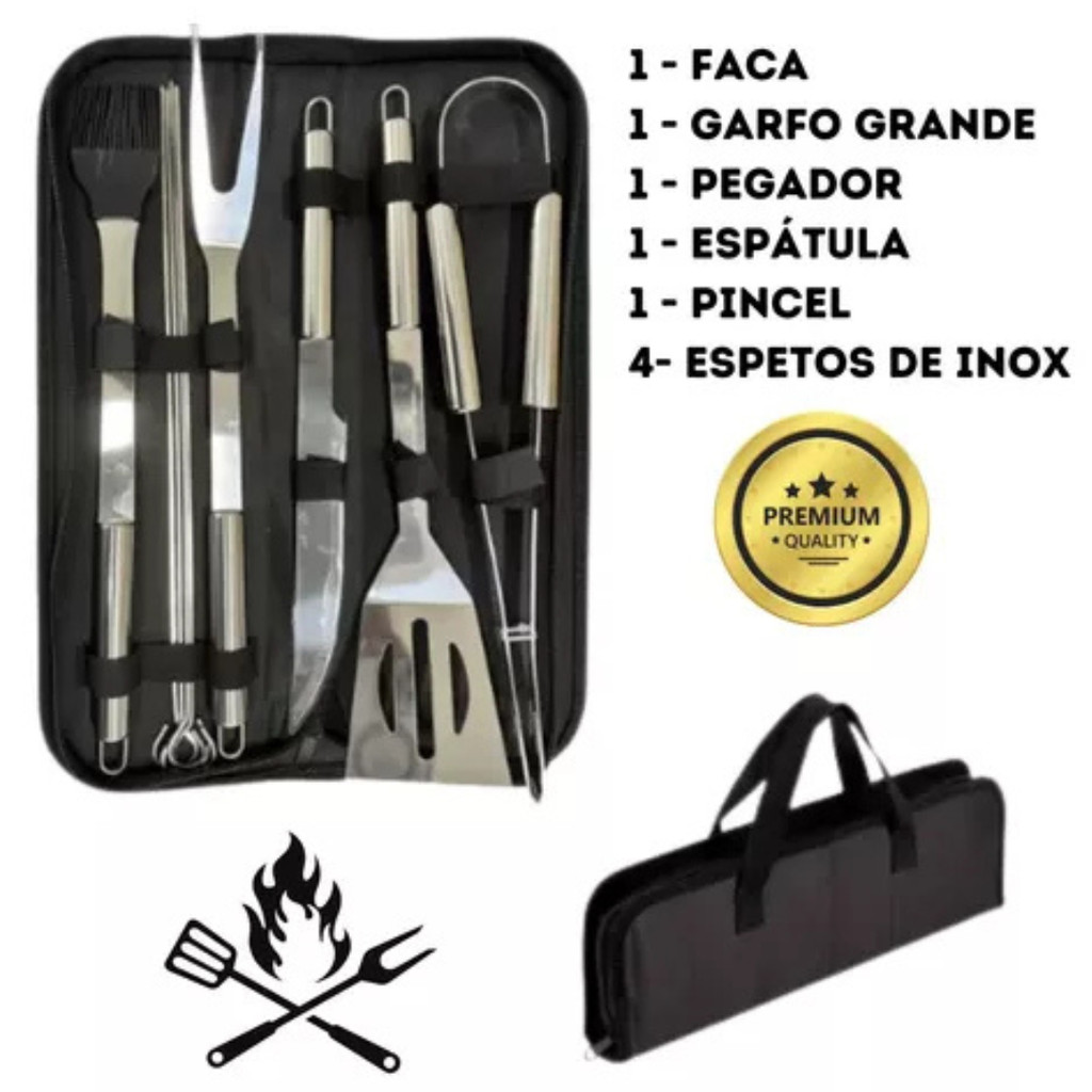 Kit 9 Peças Para Churrasco Profissional Com Estojo Inox Chef Gourmet Utensílios