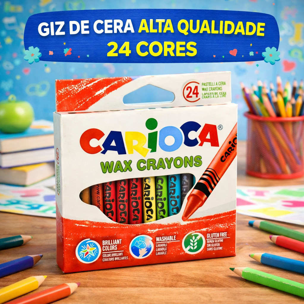 Giz de Cera Escolar CARIOCA 24 Cores Wax Crayons Colorido Atóxico para Desenho Infantil