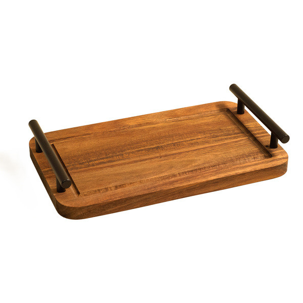 BANDEJA RETANGULAR DE ACACIA COM ALCAS DE METAL 30CM em Oferta na Shopee