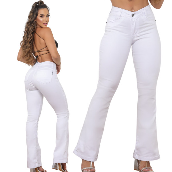 Calça Jeans Feminina Flare Branca Cintura Alta Empina Bumbum