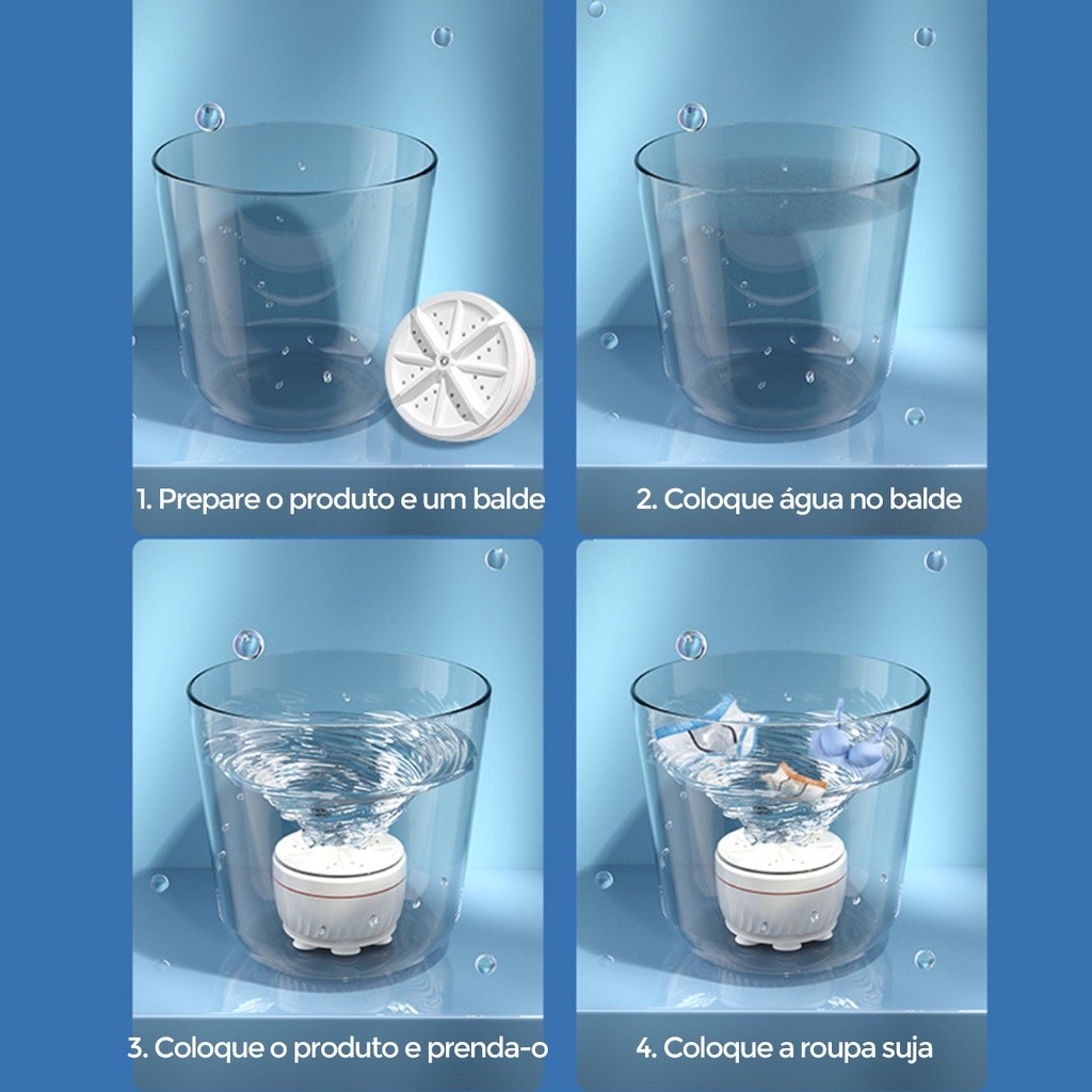 Máquina de Lavar Portátil Ultrassônica USB Branca: Ideal para Lavar Roupas, Panos, Toalhas e Louças no Balde