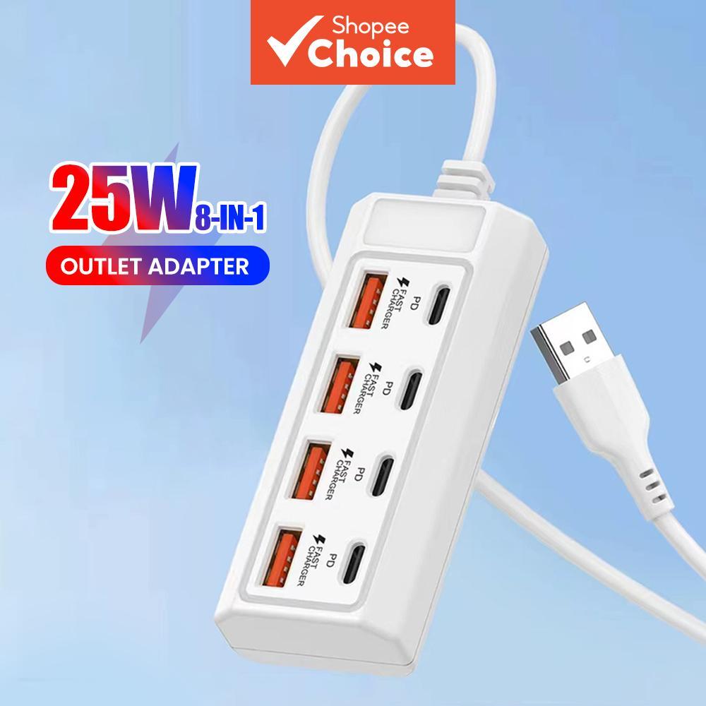 hub De Porta USB-C Bloco De Carregamento Rápido-Expansor De Tomada De Parede Multiportas De 25 W Com Função De Dados 8 E