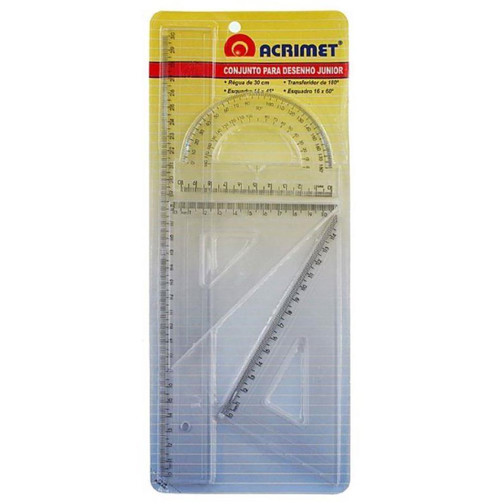 Conjunto para Desenho com Régua 30CM, Esquadro 30º X 60º, Esquadro 45º, Transferidor 180º - Certificado Inmetro