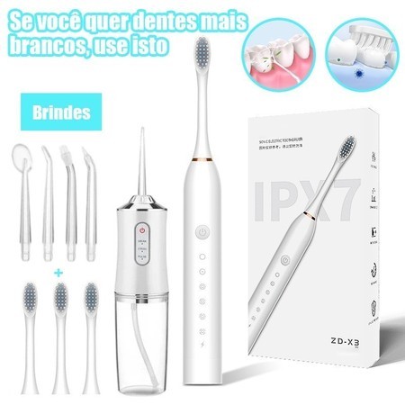 Combo Escova Elétrica e Irrigador Oral Recarregável | Kit Higiene Bucal Completo | Presente Ideal