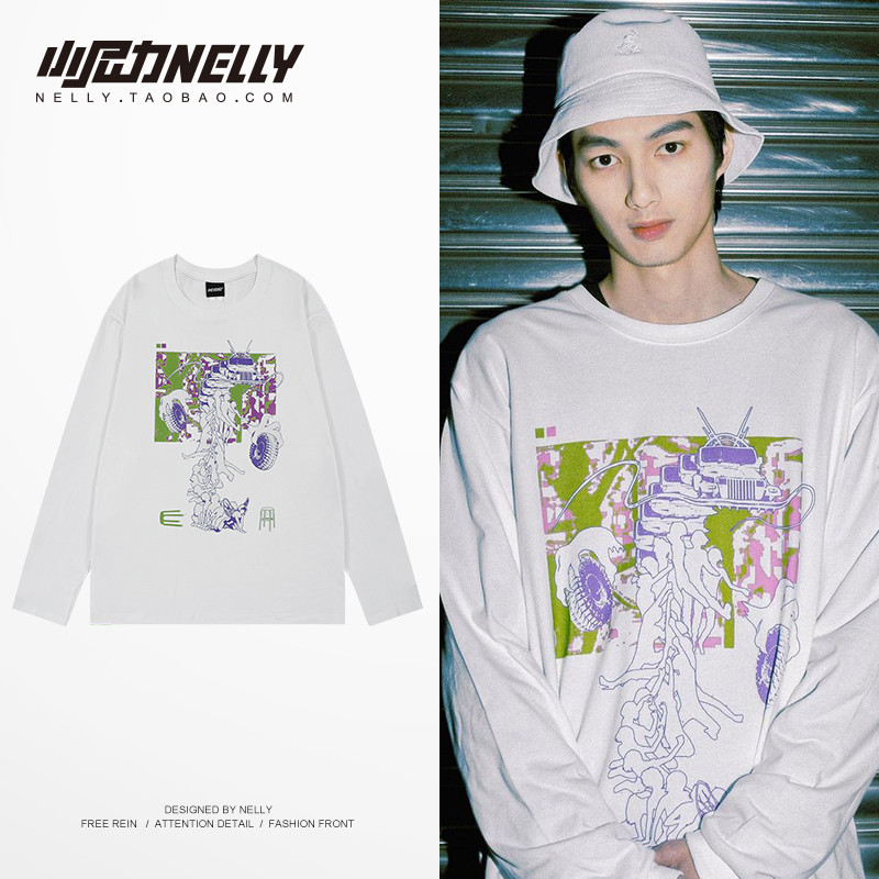 Camiseta impressa masculina de manga comprida primavera outono camiseta interna Hip-Hop Street Wear ins puro algodão bra