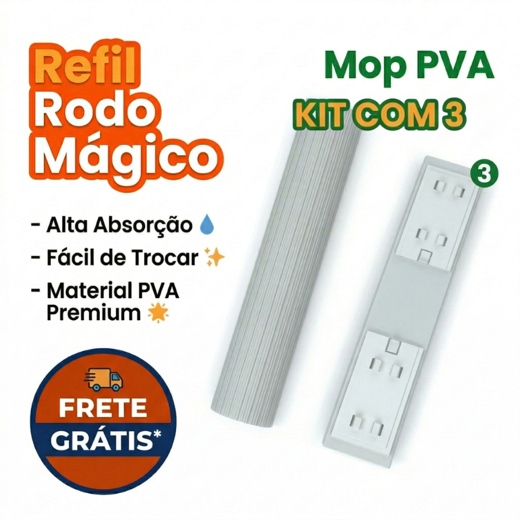 KIT 3 Refis Rodo Mágico Mop Torcer Mop Fácil Celeste Rodo Mágico Absorvente Torcer Dobrável