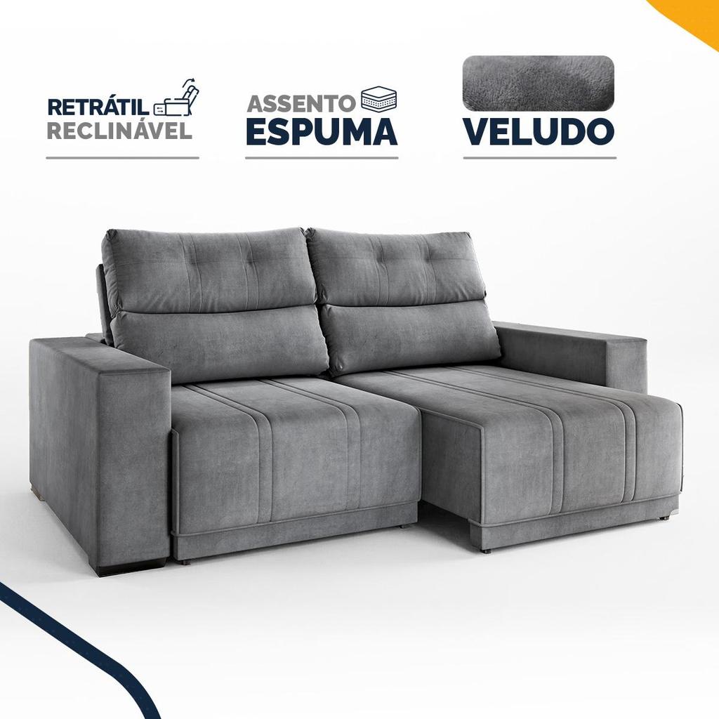 Sofá Retrátil e Reclinável 4 Lugares Espuma Fibra Siliconada Garopaba Veludo 200cm
