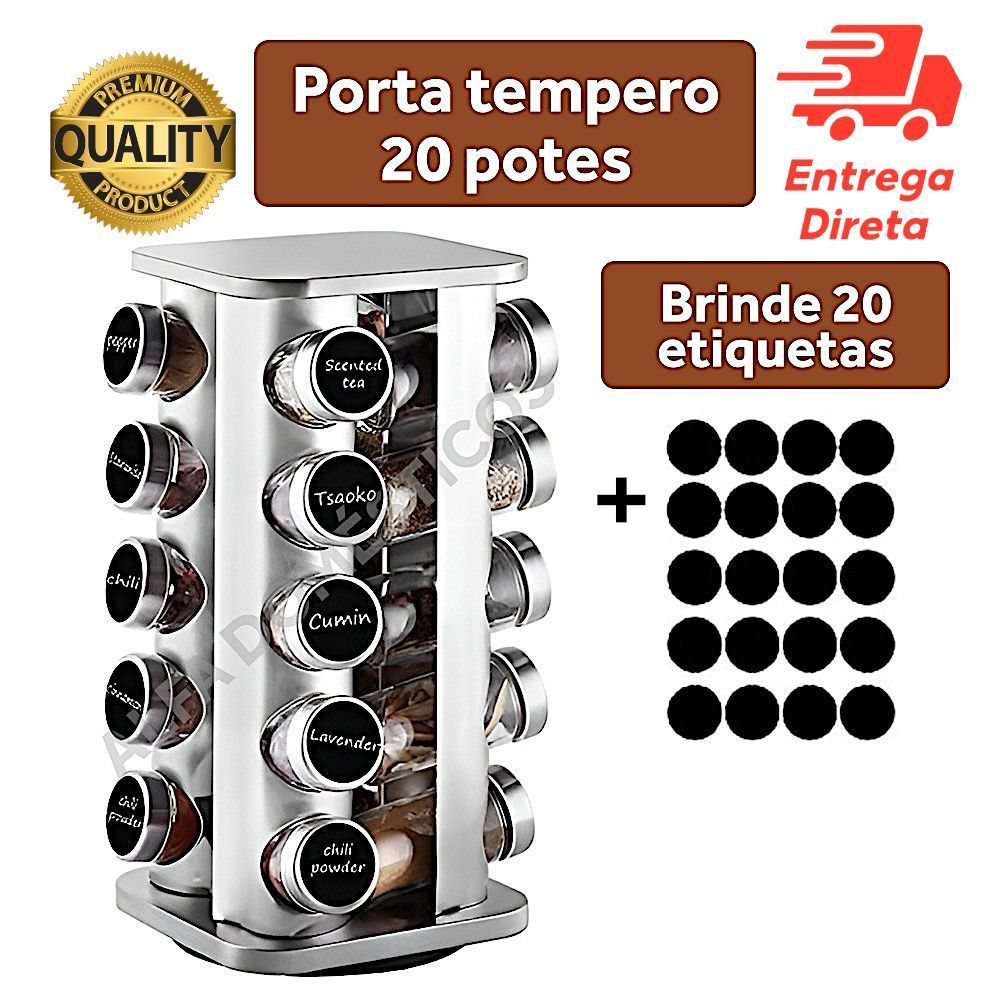 Porta Tempero Condimento Quadrado Inox 20 Potes + Suporte Giratório + Etiquetas em Oferta na Shopee