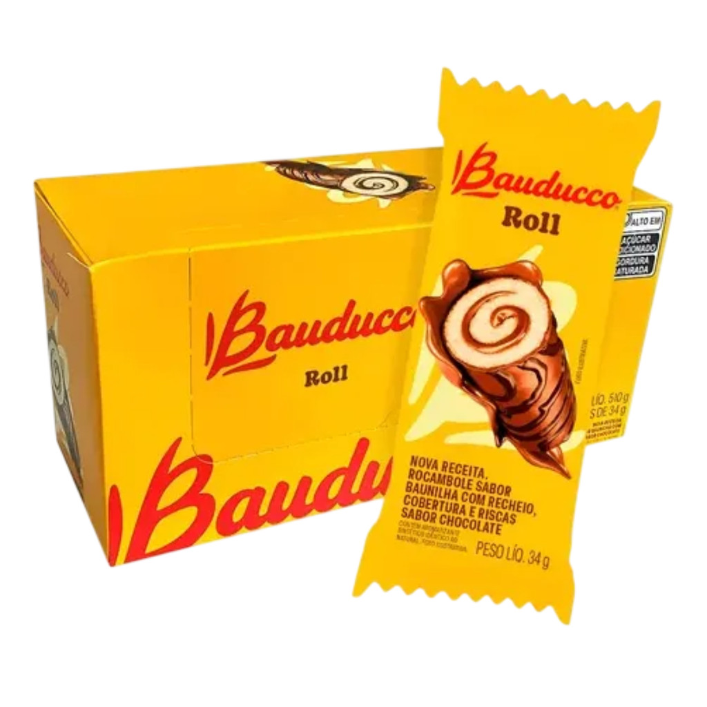 Bolinho Recheado Bauducco Roll Chocolate 34g Display C/15 Unidades 