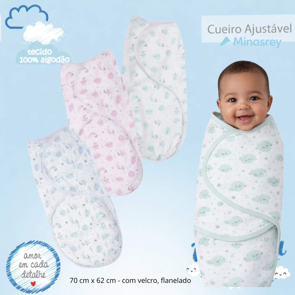 Cueiro Charutinho Swaddle Ajustável com Velcro Minasrey | Recém Nascido 70x62cm | Bebê Enrolado