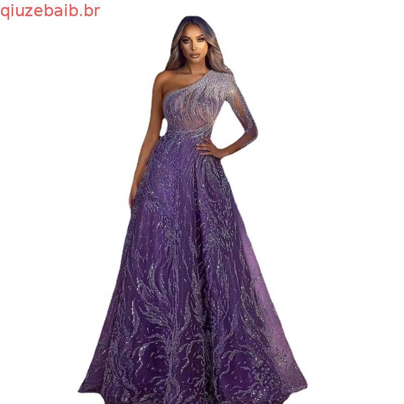 Vestido Longo Vestido de Noite Vestido de Noite Feminino Vestido de Lantejoulas com Manga Aberta Vestido com Fenda Vesti