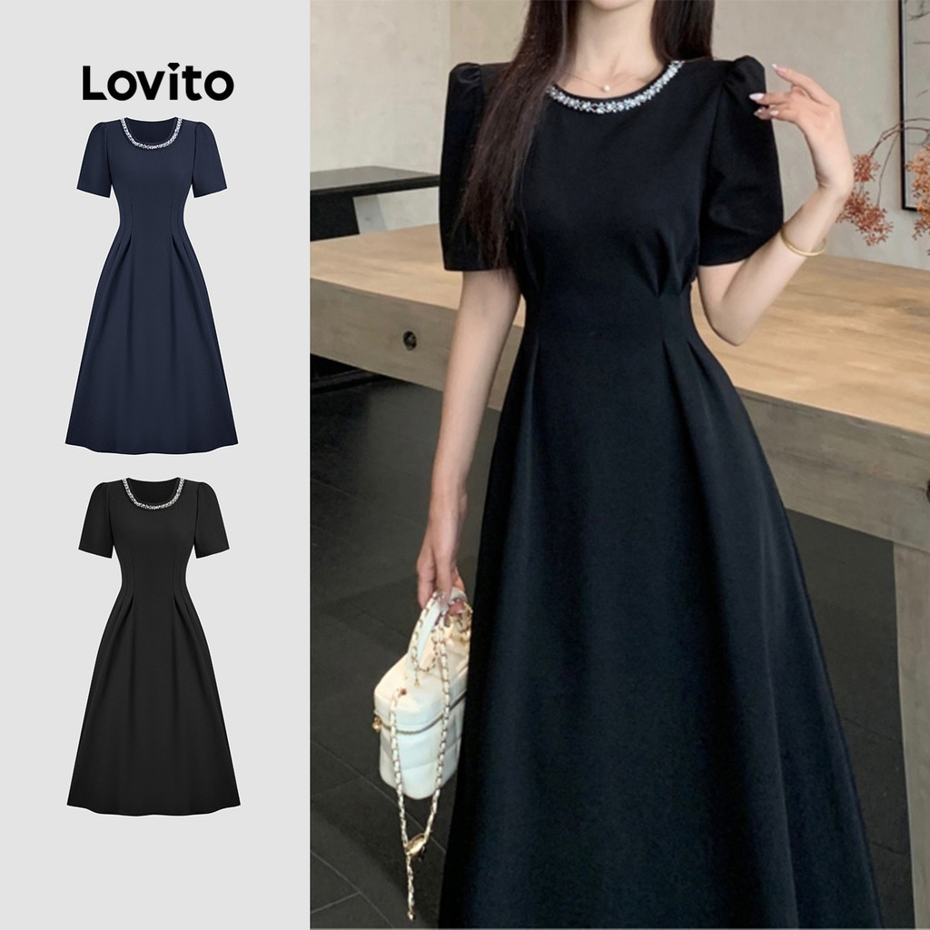 Lovito Elegante Vestido com Pérolas Vestido Preto de Primavera/verão Macio e Confortável para mulheres L137ED163