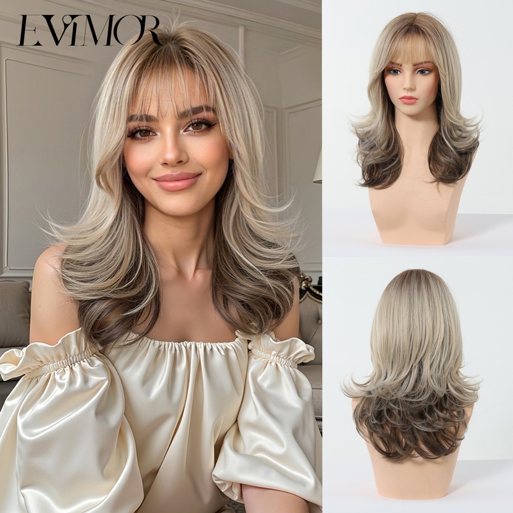 Qi franja gradiente em camadas médio longo cabelo linho dourado marrom destaque Natural fofo peruca feminina arnês compl