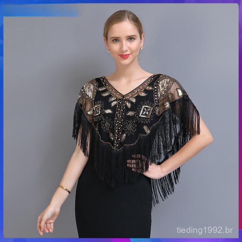 Xale De Lantejoulas Femininas Dos Anos 1920 Com Borlas De Pérola Franja De Malha Envoltório Gatsby Bolero Cape Up