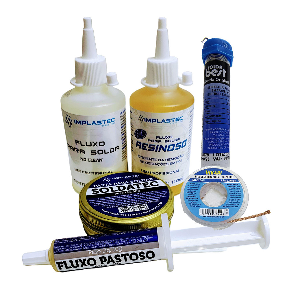 Kit Solda Profissional Estanho Best Fluxo Resinoso No Clean Seringa Pastoso  Malha Dessoldadora Pasta de Solda 