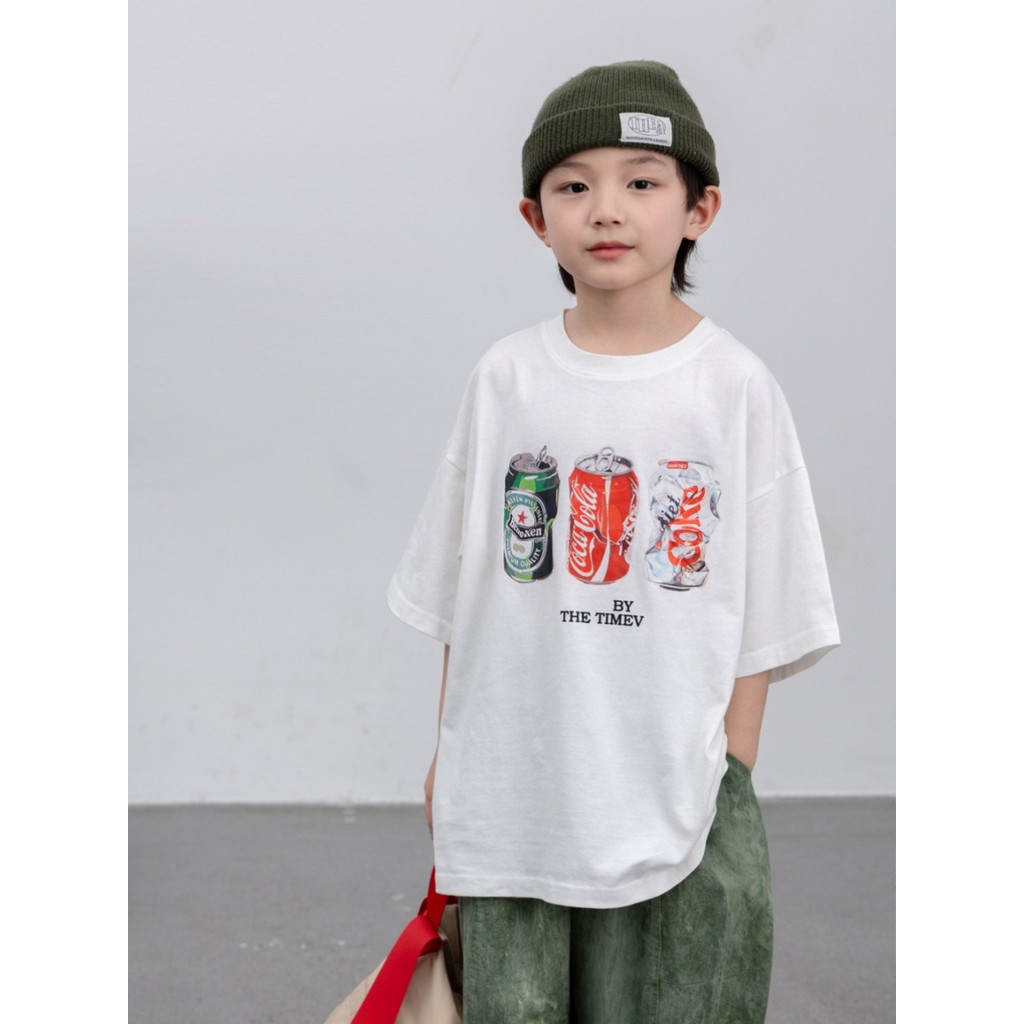 Camiseta de manga curta para meninos de algodão puro 2024 impressa média grande crianças versão coreana moda branca cami
