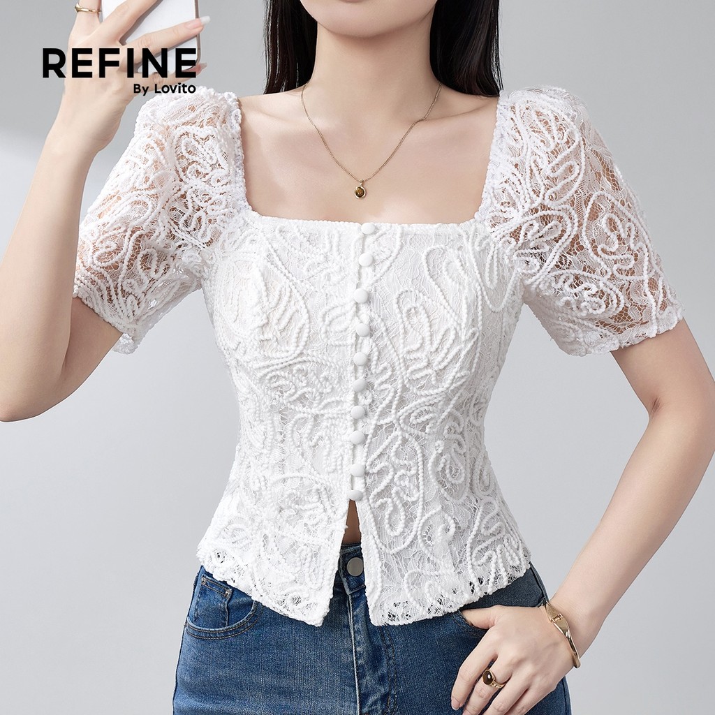 (Refine by Lovito) Elegante Blusa Feminina com Laços Renda Primavera/Verão Branca Bordado LR21E204